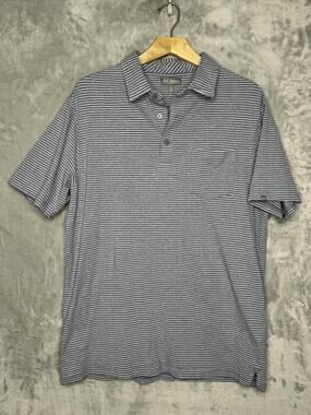 Fish Hippie Co Polo Shirt Mens Large Blue Striped Cotton Spandex Pocket Stretch